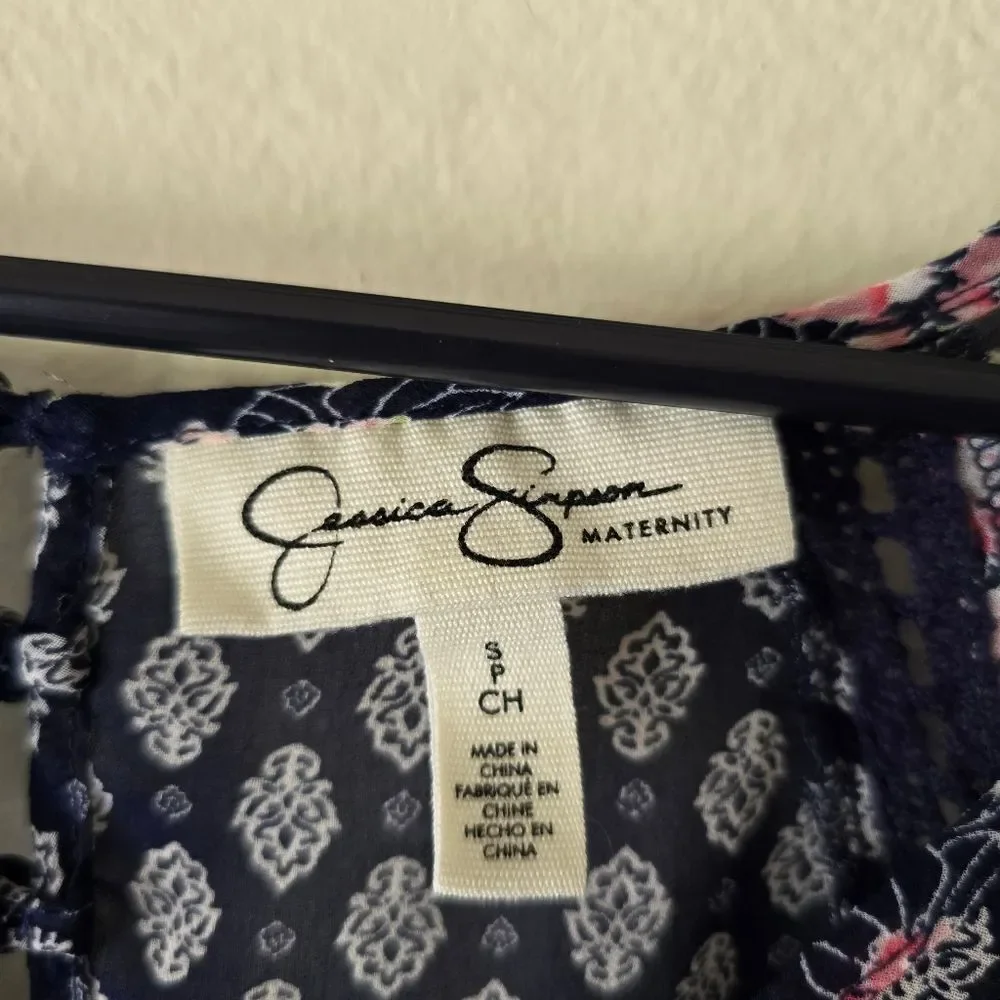 JESSICA SIMPSON MATERNITY Floral Navy Sheer Blouse Short Sleeve Size Small - Picture 10 of 16